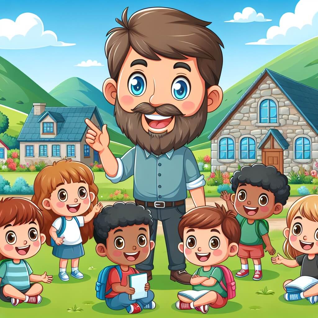 Une illustration destinée aux enfants représentant un instituteur jovial, entouré d'enfants curieux, enseignant dans une charmante école en pierre, au milieu d'un village pittoresque entouré de montagnes verdoyantes et d'un ciel bleu lumineux.