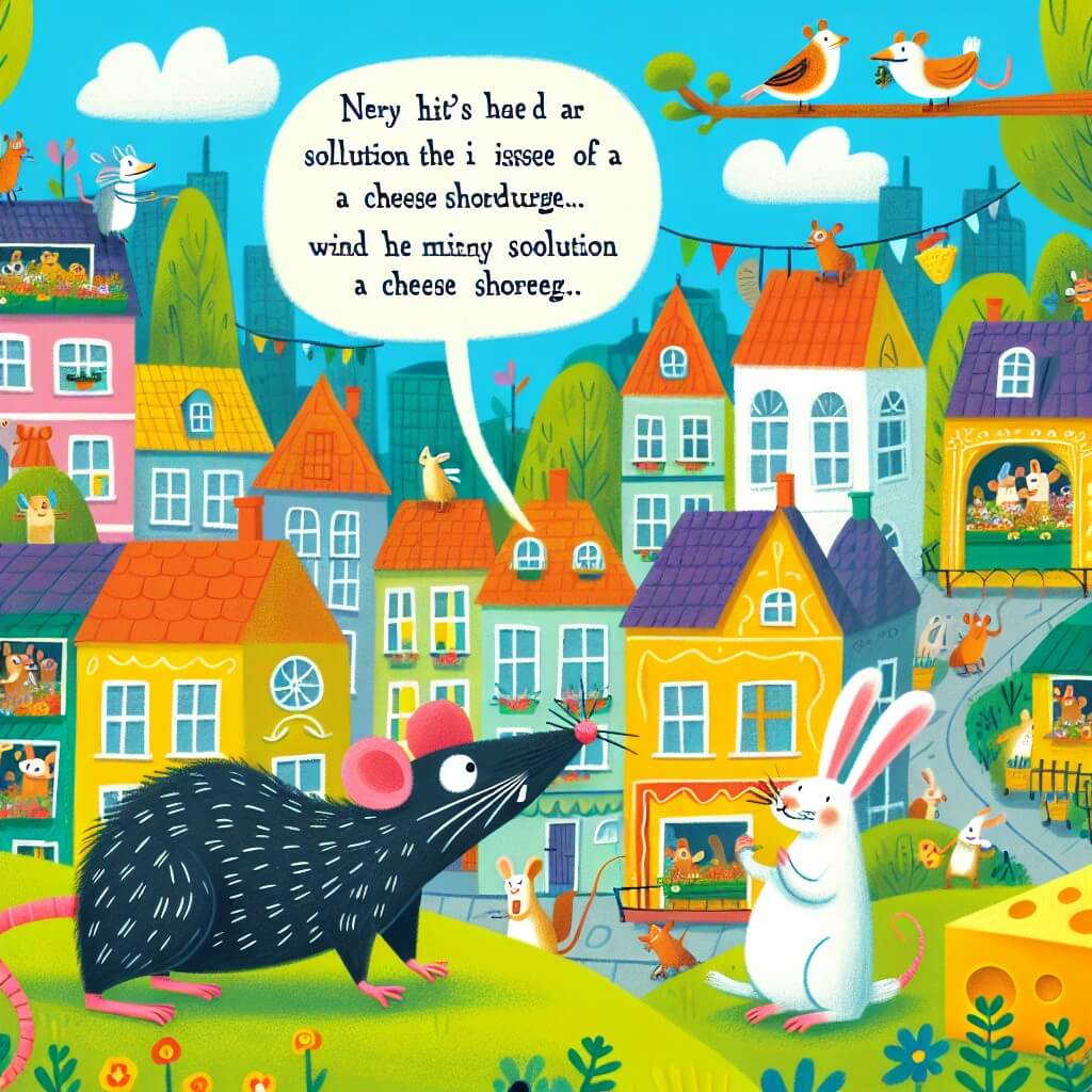 Une illustration destinée aux enfants représentant un rat malicieux, se trouvant dans un village animé rempli d'animaux joyeux, cherchant une solution pour résoudre le problème de la pénurie de fromage, avec l'aide d'un lapin et d'un oiseau, dans un parc coloré et plein de vie.