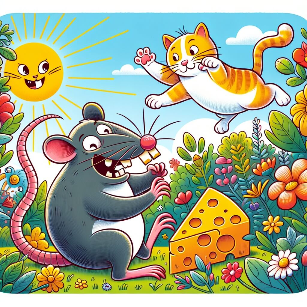 Une illustration destinée aux enfants représentant un rat malicieux, qui se retrouve dans une situation hilarante en essayant de voler un morceau de fromage, avec un chat facétieux comme personnage secondaire, dans un coloré et animé jardin ensoleillé rempli de fleurs et d'arbustes.