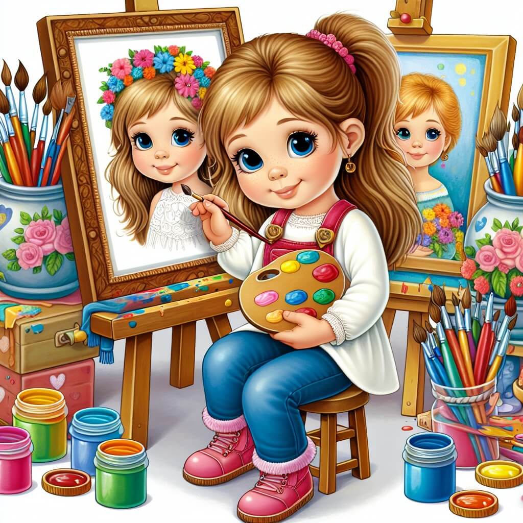 Une illustration destinée aux enfants représentant une petite fille pleine de créativité et d'enthousiasme, en train de réaliser un magnifique portrait pour sa maman, dans un charmant atelier de peinture rempli de pinceaux colorés, de toiles et de pots de peinture éclatants.