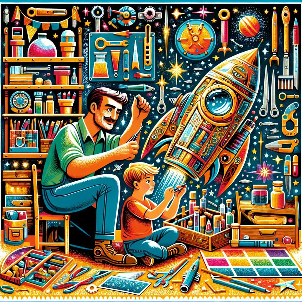 Une illustration destinée aux enfants représentant un petit garçon plein d'imagination, qui construit un incroyable vaisseau spatial avec l'aide de son papa, dans leur atelier coloré rempli d'outils et de matériaux scintillants.