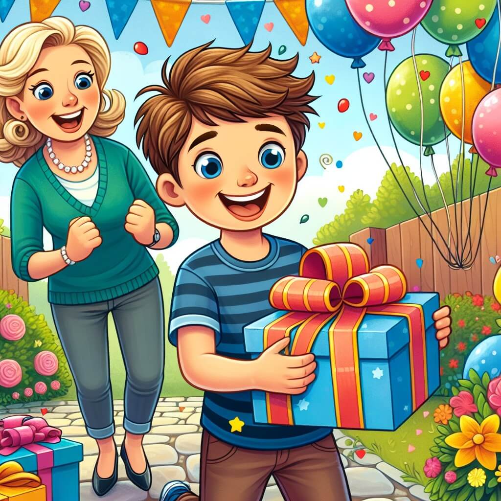 Une illustration destinée aux enfants représentant un petit garçon plein d'enthousiasme, préparant une grande surprise pour sa maman, avec l'aide de son papa, dans un jardin coloré rempli de ballons et de décorations festives.
