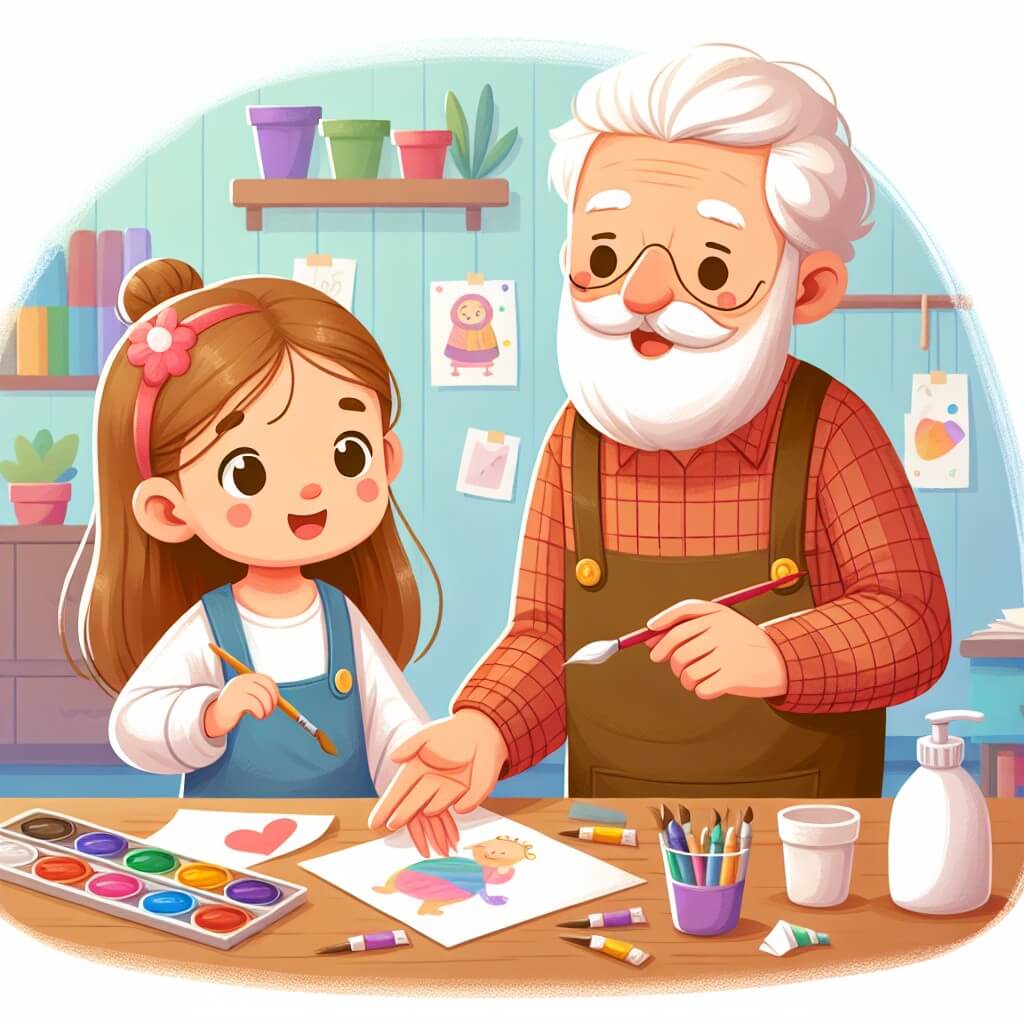 Une illustration destinée aux enfants représentant une petite fille aux yeux curieux, en train de préparer un cadeau spécial pour son papa, avec l'aide précieuse de son sage grand-père, dans une chambre remplie de couleurs, de papiers, de pinceaux et d'une grande dose de créativité.