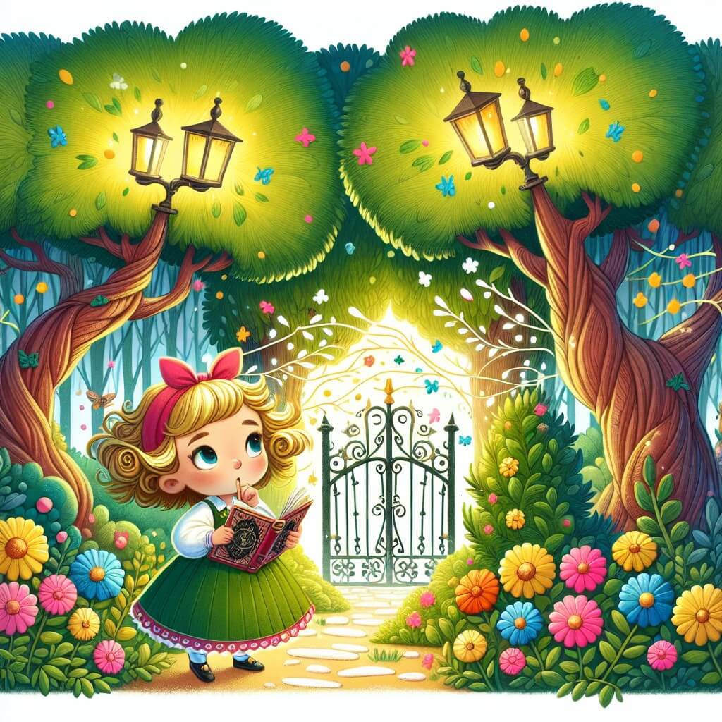 Une illustration destinée aux enfants représentant une petite fille curieuse et rêveuse, qui découvre un livre mystérieux dans un village entouré d'un magnifique bosquet, où les arbres majestueux se balancent doucement au gré du vent, formant une canopée verdoyante qui laisse filtrer de doux rayons de soleil, illuminant le chemin parsemé de fleurs multicolores menant à un portail enchanté qui mène vers un monde fantastique rempli de personnages magiques et d'idées vivantes.