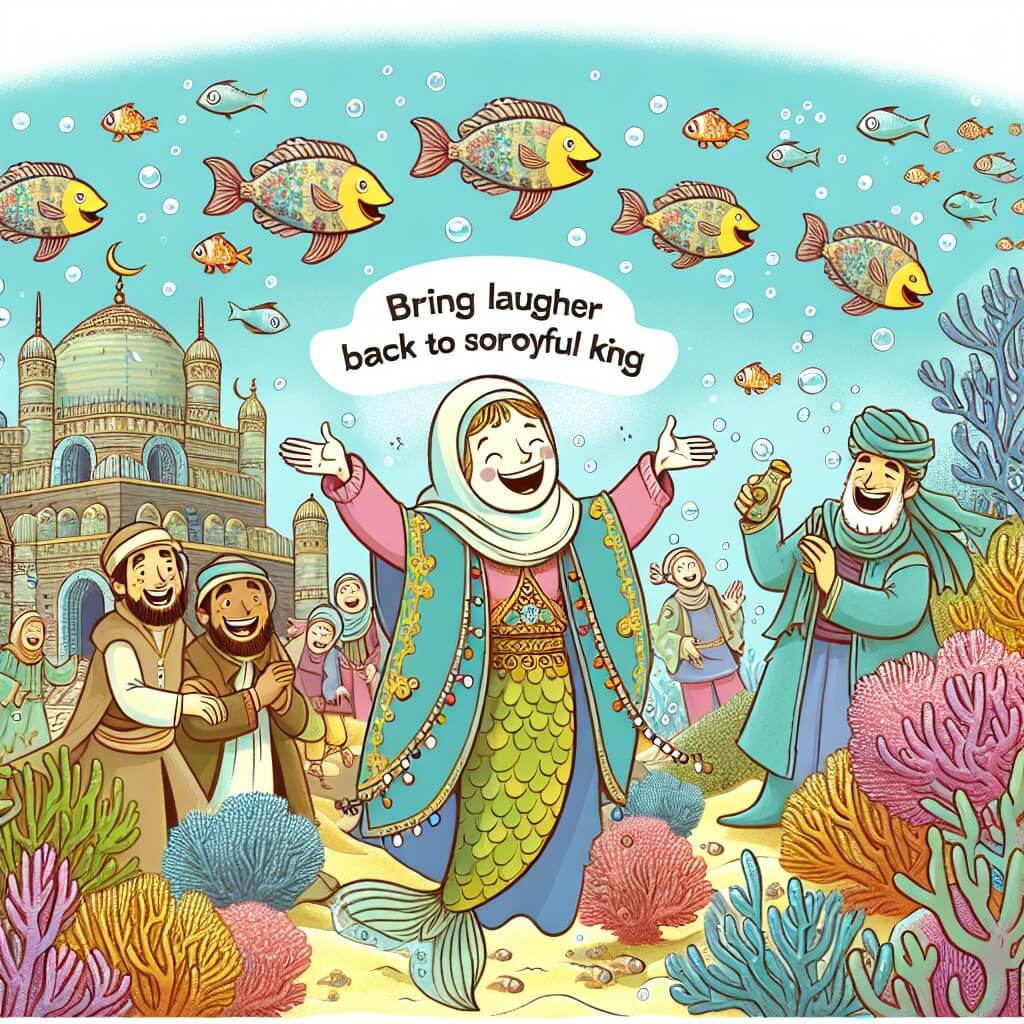 Une illustration destinée aux enfants représentant une sirène joyeuse et espiègle, accompagnée de ses amis marins, dans un royaume sous-marin rempli de coraux colorés, d'algues dansantes et de poissons qui parlent, où ils cherchent à ramener le rire au roi triste.