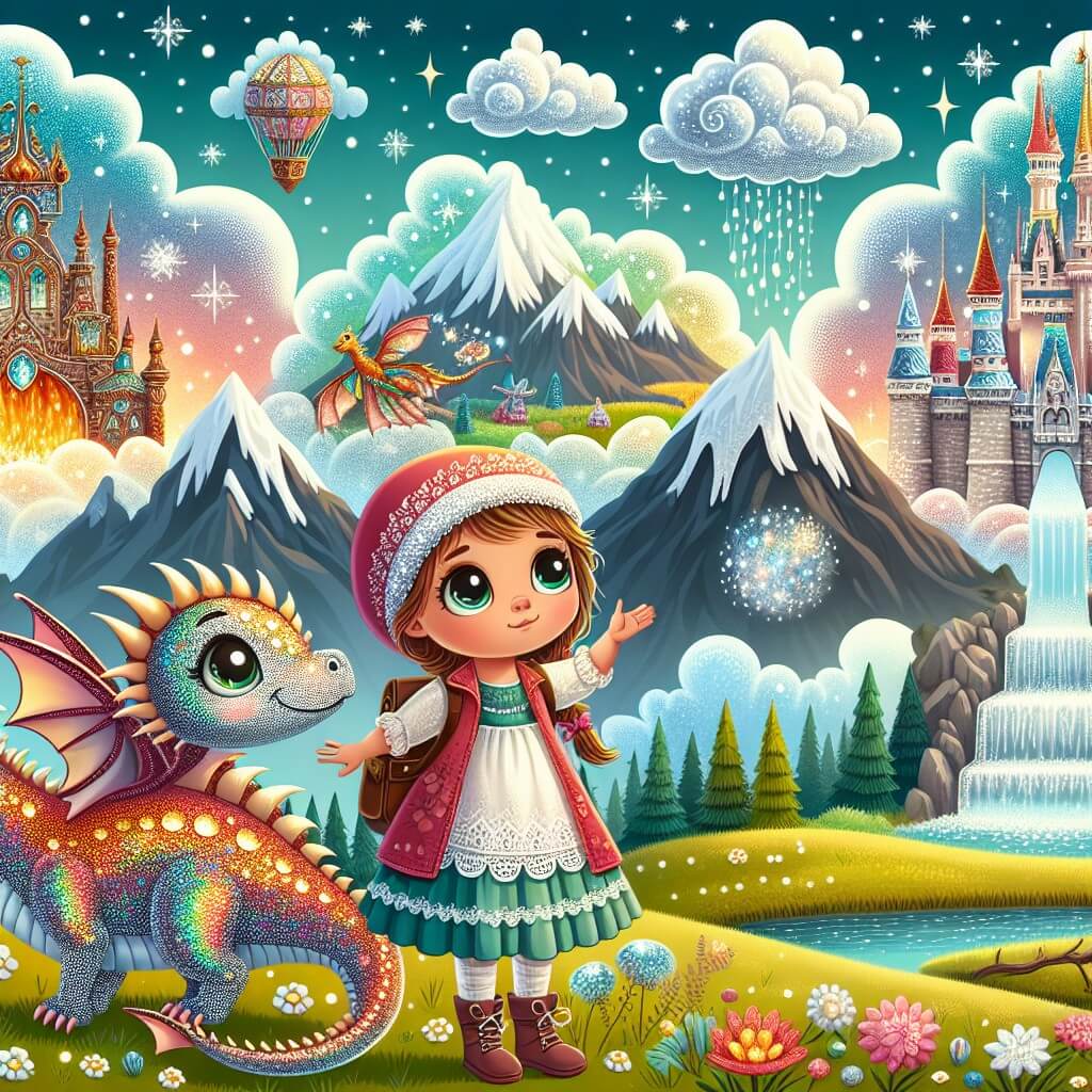 Une illustration destinée aux enfants représentant une petite fille curieuse, se retrouvant dans un monde de rêves et de machines étranges, accompagnée d'un dragon aux écailles scintillantes, dans un paysage féerique rempli de montagnes enneigées, de prairies colorées et de cascades étincelantes.