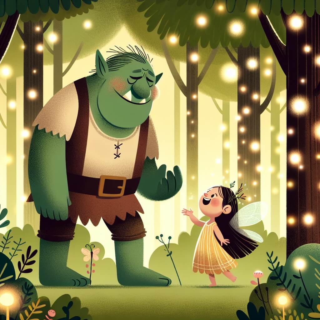Une illustration destinée aux enfants représentant un ogre au cœur tendre qui rencontre une petite fée espiègle dans une forêt enchantée où les arbres semblent danser au rythme des lucioles étincelantes.