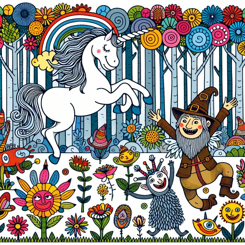 Une illustration destinée aux enfants représentant une licorne joyeuse découvrant un drôle d'animal dans une forêt enchantée remplie de fleurs aux couleurs vives et d'arbres aux formes fantaisistes.