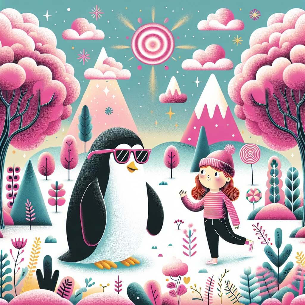 Une illustration destinée aux enfants représentant une petite fille intrépide, plongée dans une situation loufoque où elle rencontre un pingouin portant des lunettes de soleil, dans un monde magique aux arbres roses et aux nuages en forme de barbe à papa, situé au cœur d'une forêt enchantée.