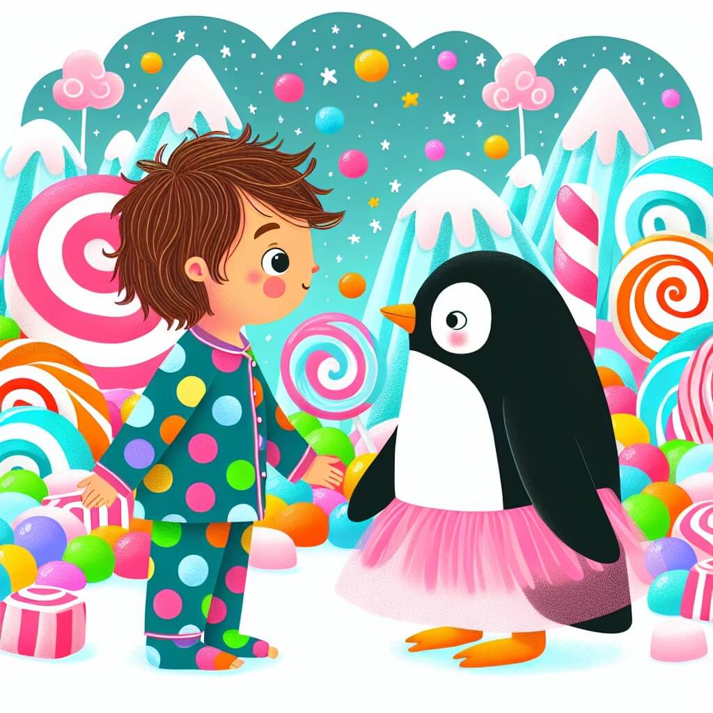 Une illustration destinée aux enfants représentant un petit garçon aux cheveux en bataille, vêtu d'un pyjama à pois multicolores, qui se retrouve nez à nez avec un pingouin en tutu rose dans un monde fantastique rempli de bonbons géants, arbres en guimauve et nuages en barbe à papa.