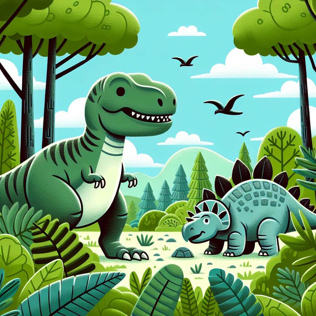 Une illustration destinée aux enfants représentant un jeune Tyrannosaure Rex, perdu dans une forêt luxuriante, accompagné d'un amical Stégosaure, dans les vastes et verdoyants champs de la préhistoire.