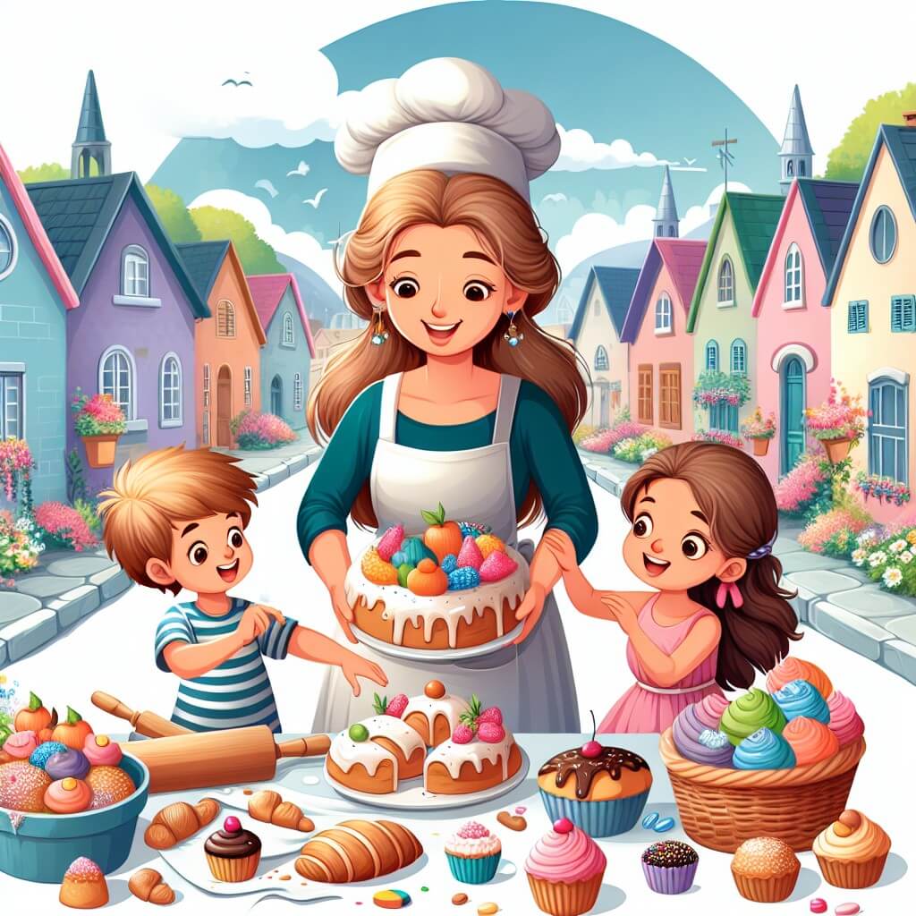 Une illustration destinée aux enfants représentant une femme boulanger passionnée, entourée de délicieuses pâtisseries, accompagnée de deux enfants curieux, dans un charmant village appelé Villa Pan, où les maisons sont colorées et les rues bordées de magnifiques arbres fleuris.