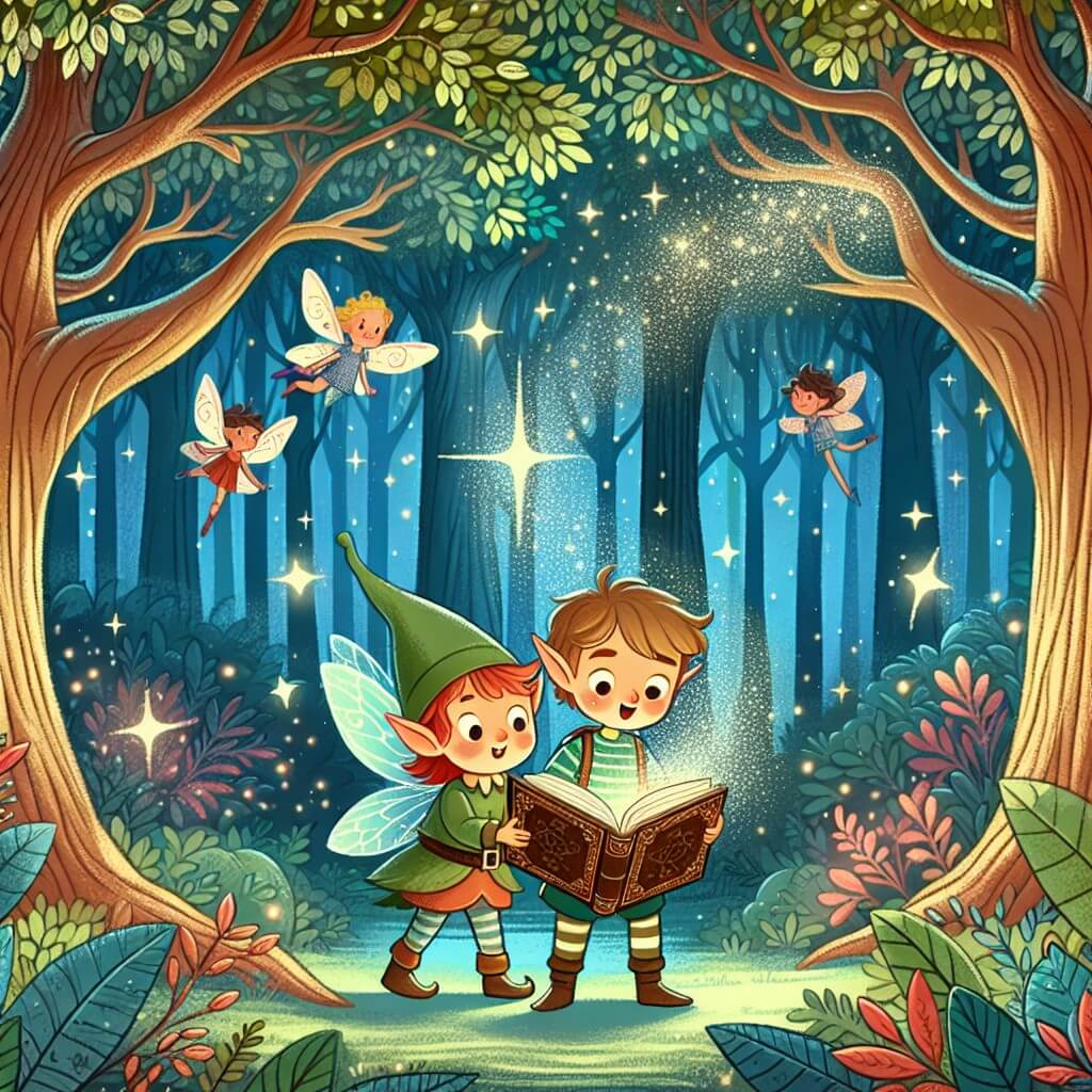 Une illustration destinée aux enfants représentant un jeune elfe curieux et aventurier, accompagné d'une fée espiègle, découvrant un livre magique dans un bosquet enchanté rempli d'arbres majestueux aux couleurs chatoyantes et aux feuilles scintillantes.
