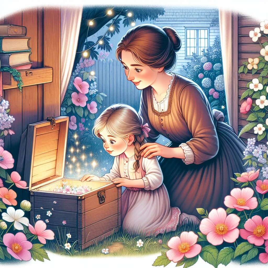 Une illustration destinée aux enfants représentant une petite fille curieuse découvrant une boîte mystérieuse cachée dans un vieux placard, accompagnée de sa maman bienveillante, dans un jardin fleuri baigné de douces lumières printanières.