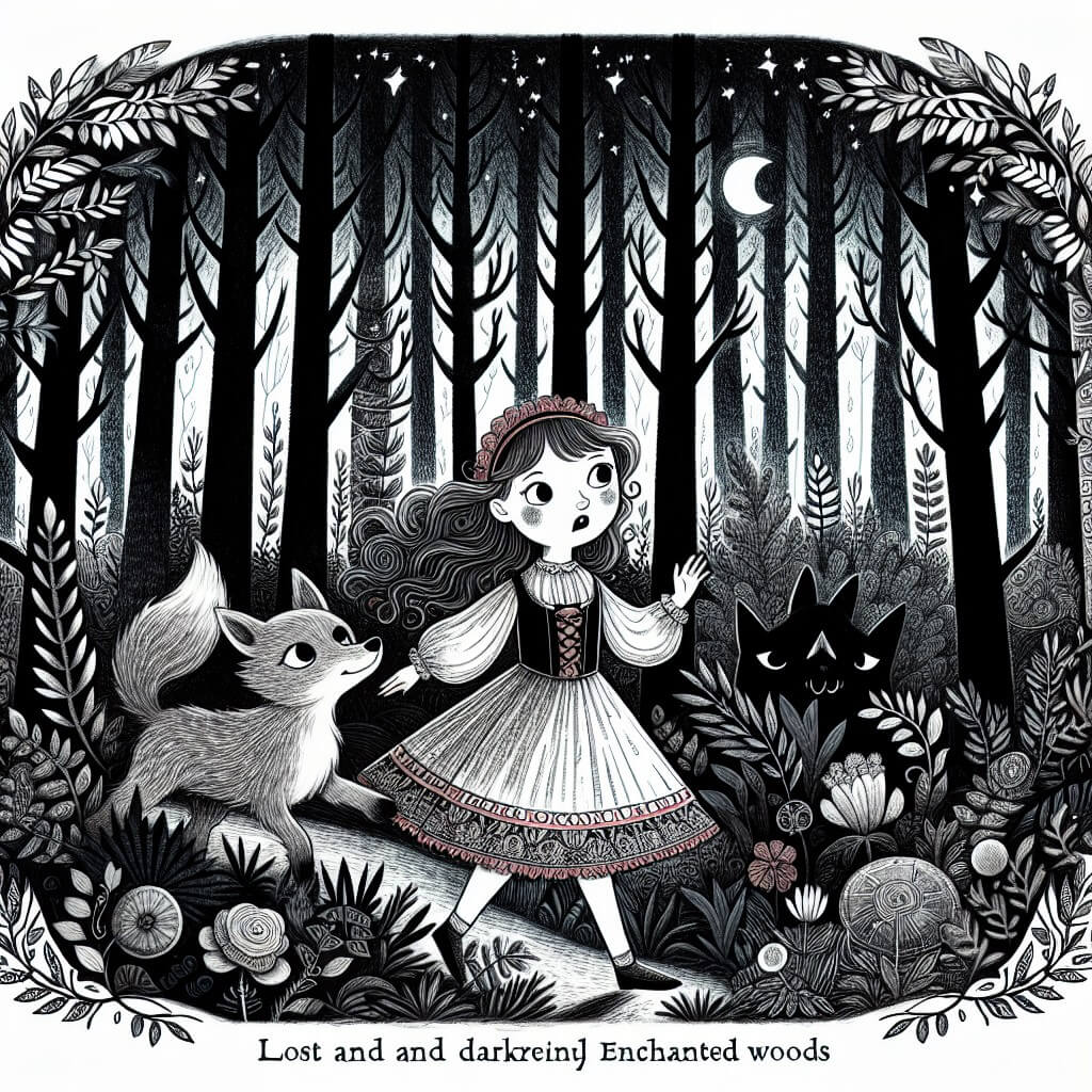 Une illustration destinée aux enfants représentant une petite fille courageuse, perdue dans les sombres et mystérieux bois enchantés, accompagnée d'un adorable compagnon, se déroulant au cœur d'une forêt dense et mystique où les arbres semblent danser avec la lueur de la lune.