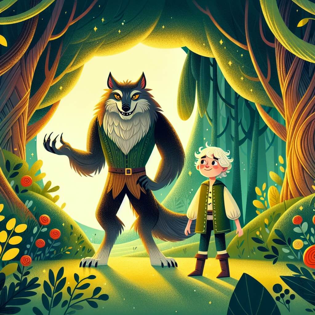 Une illustration destinée aux enfants représentant une créature mi-homme mi-loup, se tenant fièrement dans un clairière enchantée, accompagnée d'un jeune garçon curieux, dans le somptueux décor d'un bosquet verdoyant baigné de lumière dorée.