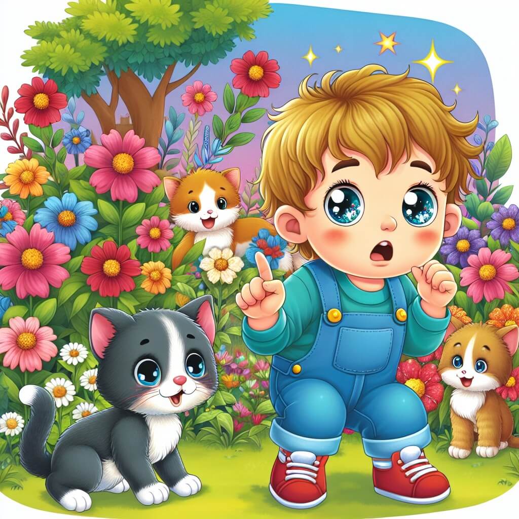 Une illustration destinée aux enfants représentant un petit garçon aux yeux pétillants, qui se retrouve dans une situation délicate après avoir raconté un mensonge, accompagné d'un adorable chaton, dans un magnifique jardin fleuri aux couleurs éclatantes.