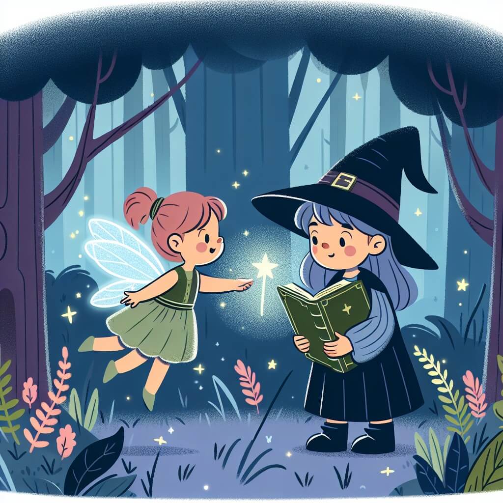 Une illustration destinée aux enfants représentant une apprentie sorcière, dans une forêt enchantée, découvrant un livre mystérieux, avec l'aide d'une petite fée lumineuse, qui la guidera vers un royaume magique rempli de brujos et de brujas.