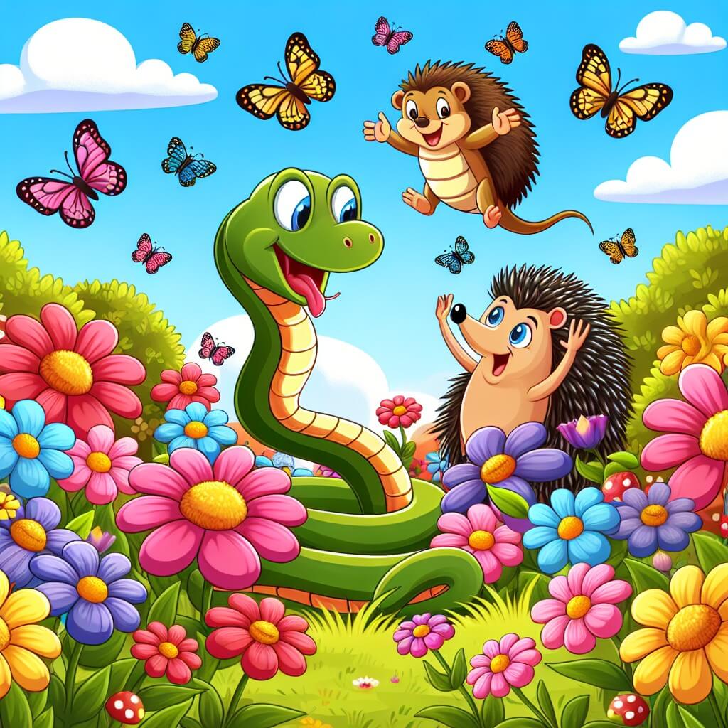 Une illustration destinée aux enfants représentant un serpent curieux et joyeux, qui fait une rencontre inattendue avec un hérisson farceur, dans un vaste jardin fleuri aux couleurs éclatantes où les papillons virevoltent et les abeilles butinent avec bonheur.