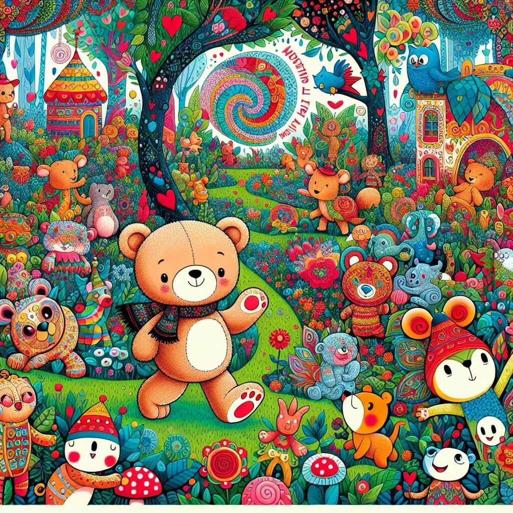 Une illustration destinée aux enfants représentant un adorable ourson en train de se promener dans un magnifique et coloré jardin enchanté, où il rencontre des animaux farfelus et drôles qui lui réservent de joyeuses surprises.
