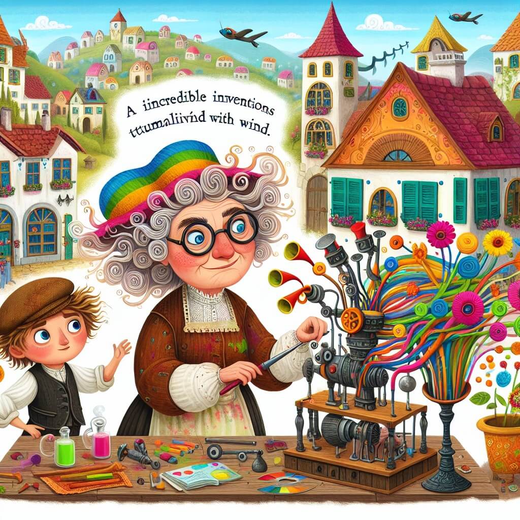 Une illustration destinée aux enfants représentant une femme excentrique aux cheveux bouclés, portant des lunettes rondes et un tablier taché de couleurs vives, inventant des choses farfelues dans son atelier situé au cœur d'un petit village pittoresque rempli de maisons colorées et de fleurs joyeuses appelé Villa Risueña, avec un enfant curieux nommé Lucas qui l'aide et une incroyable invention en forme de chapeau avec des hélices qui crée un tumultueux tourbillon de vent.