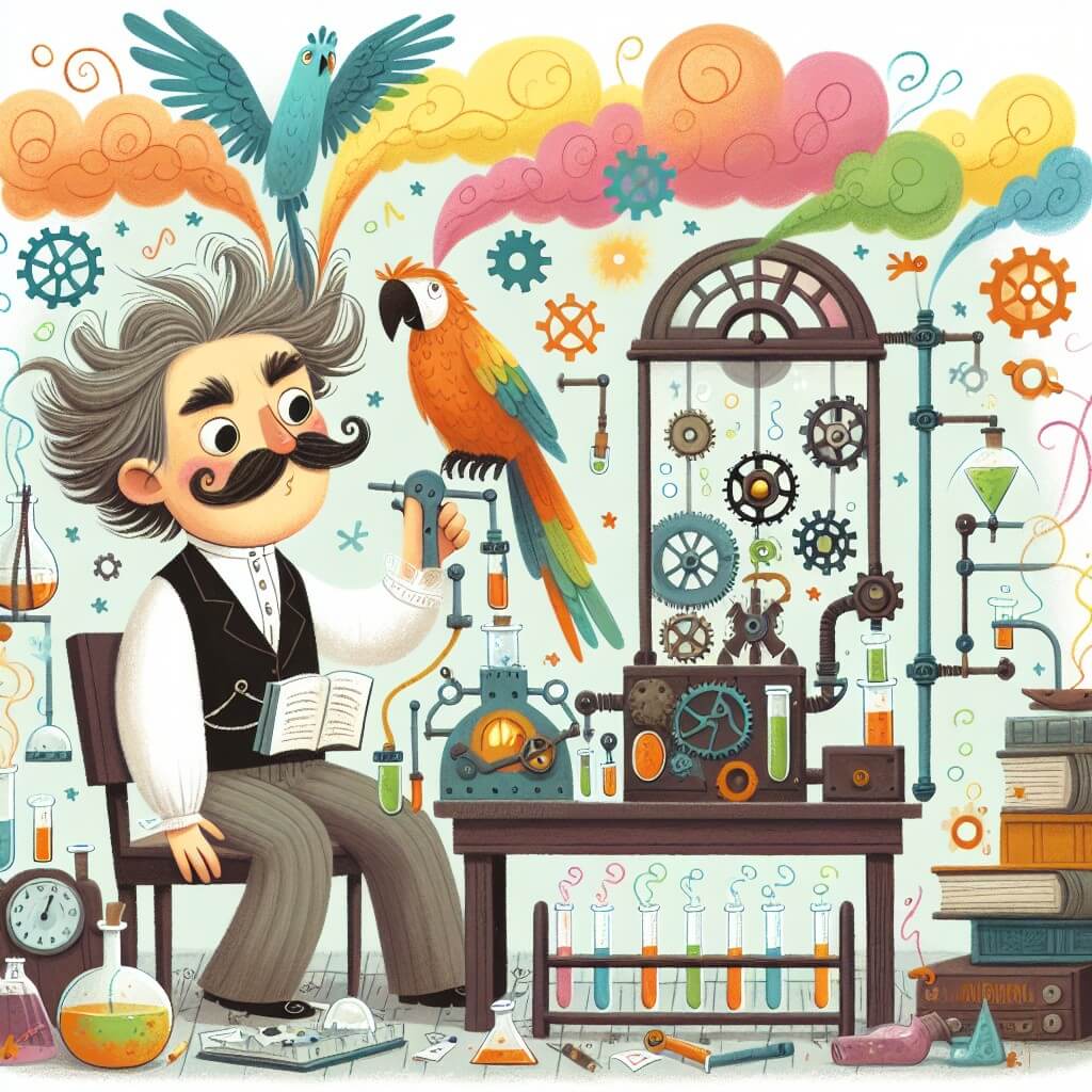 Une illustration destinée aux enfants représentant un homme excentrique aux cheveux ébouriffés, entouré de fumées colorées et d'engrenages volants, en train d'inventer une machine farfelue avec l'aide de son fidèle perroquet, dans un laboratoire rempli de tubes à essais, d'outils éparpillés et de livres poussiéreux.
