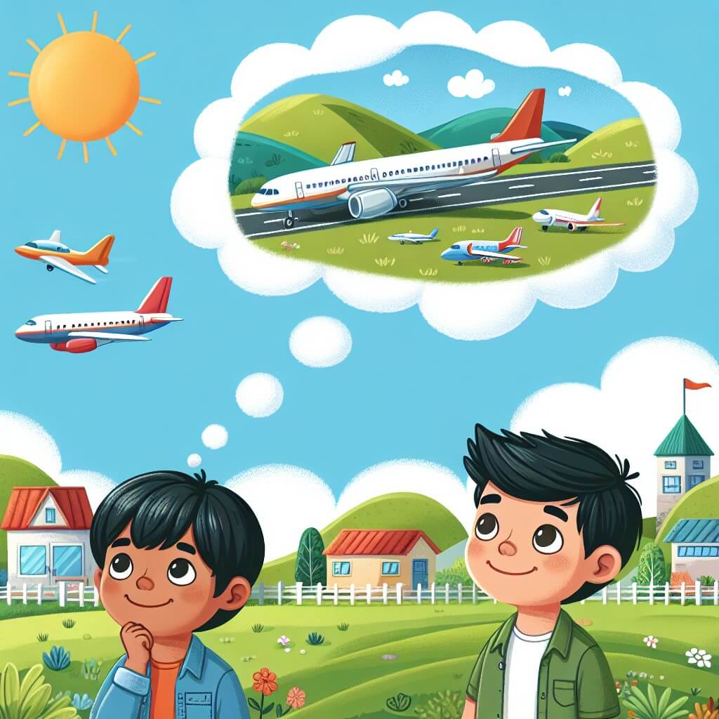 Une illustration destinée aux enfants représentant un jeune homme passionné par les avions, accompagné de son fidèle ami, qui rêve de voler au-dessus d'un petit village ensoleillé, entouré de collines verdoyantes et d'un aéroport avec des avions multicolores.
