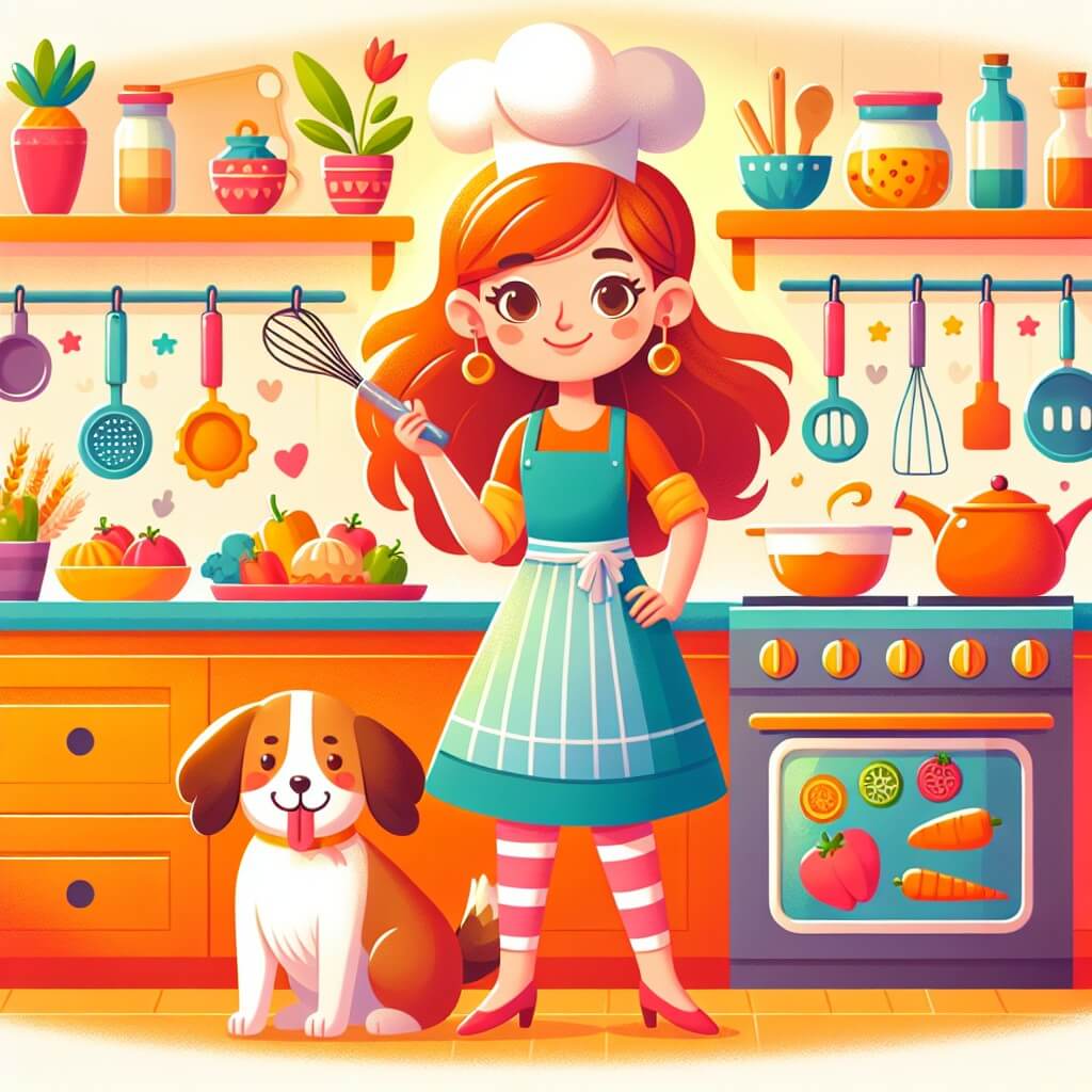 Une illustration destinée aux enfants représentant une jeune femme passionnée par la cuisine, accompagnée de son fidèle chien, dans une cuisine colorée et chaleureuse remplie d'ustensiles, d'ingrédients et de délicieuses créations culinaires, où elle poursuit son rêve de devenir une chef renommée.