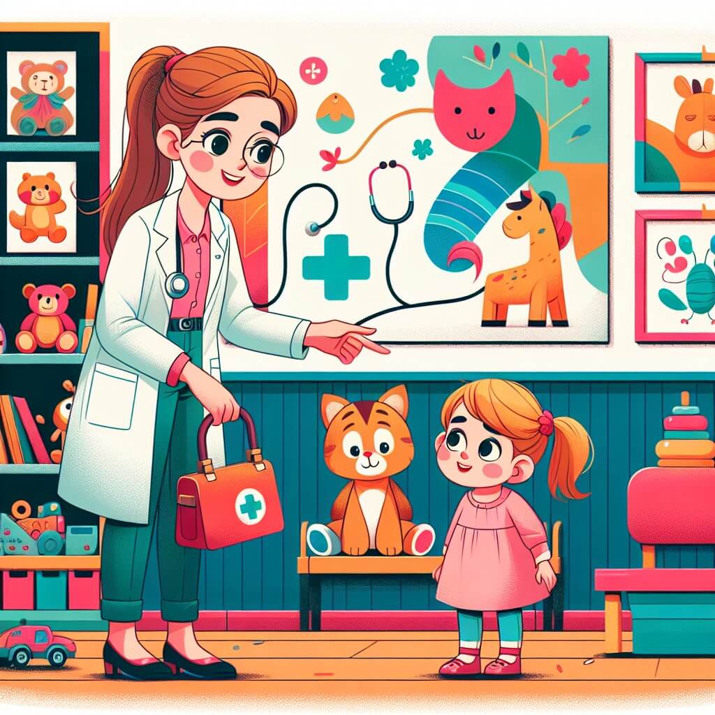 Une illustration destinée aux enfants représentant une femme médecin passionnée et curieuse, accompagnée d'une petite fille, explorant un charmant consultorio médico aux murs colorés décorés de dessins d'animaux, avec des jouets et des livres de contes dispersés dans la salle d'attente, créant ainsi une atmosphère chaleureuse et accueillante, où elles aident les patients de tous âges à se sentir mieux.