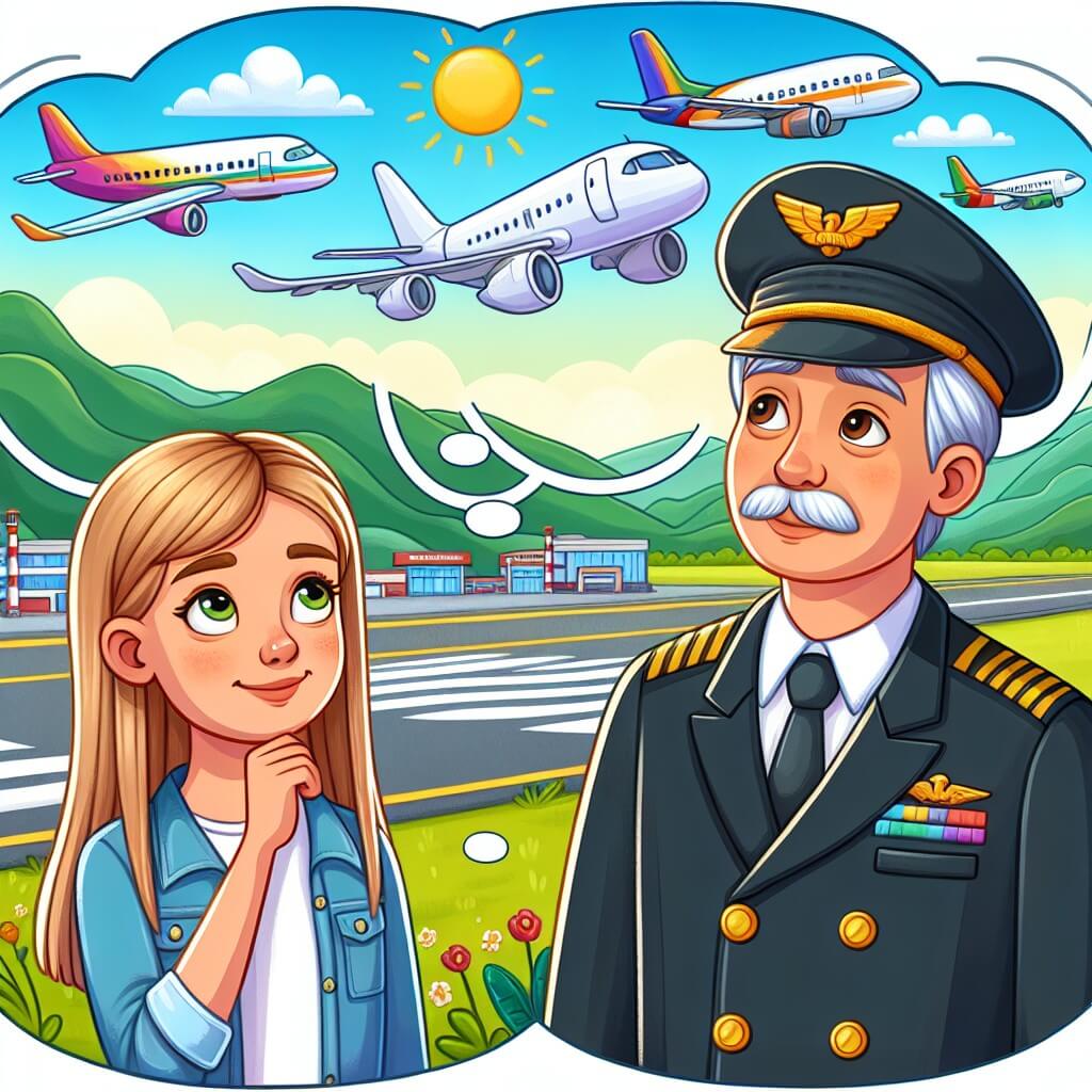 Une illustration destinée aux enfants représentant une jeune femme passionnée d'aviation, rêvant de voler dans le ciel, accompagnée d'un pilote expérimenté, sur un aéroport animé avec des avions multicolores et une piste de décollage ensoleillée entourée de montagnes verdoyantes.