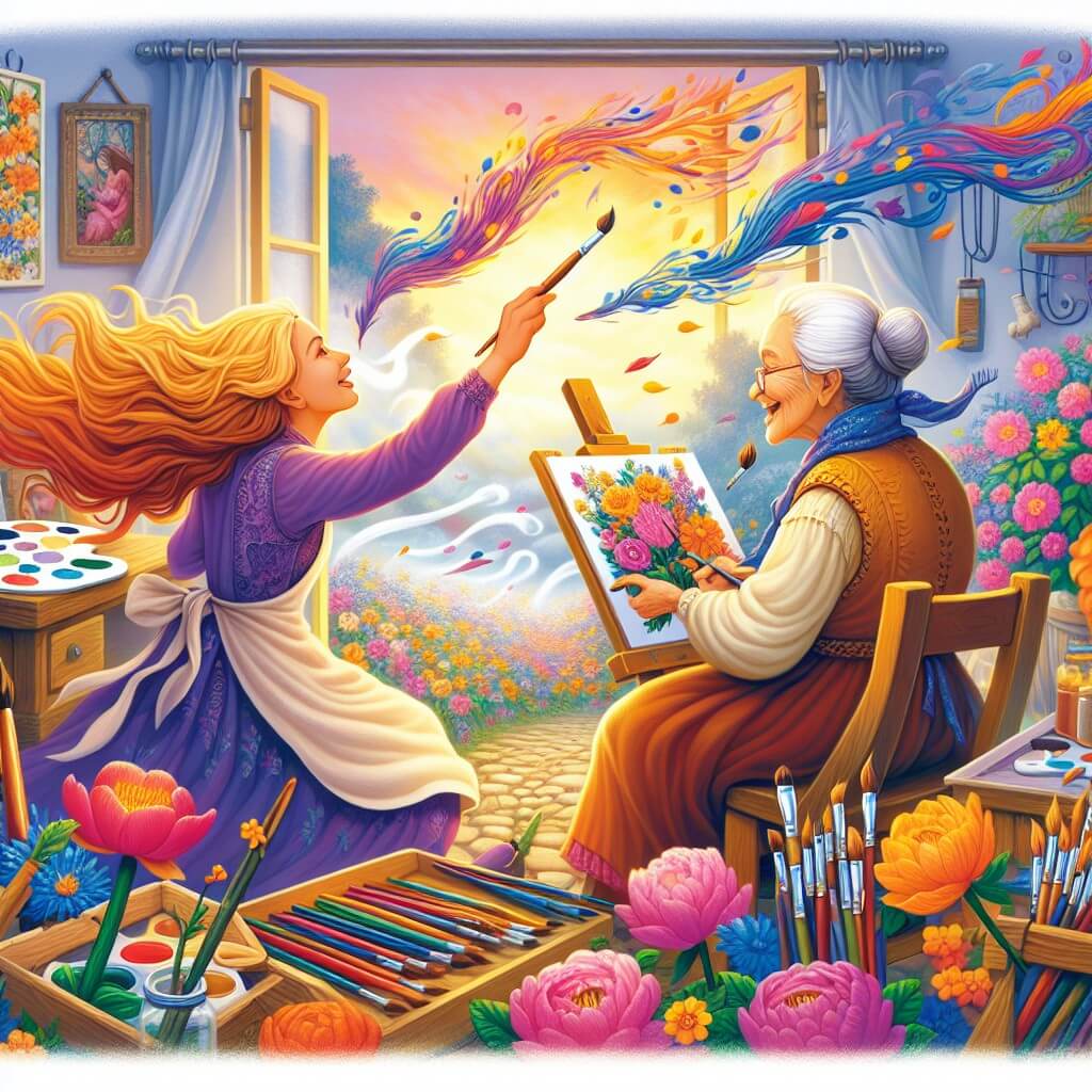Une illustration destinée aux enfants représentant une artiste féminine passionnée par la peinture qui rencontre une vieille femme artiste dans un studio rempli de couleurs vives et de pinceaux, situé au cœur d'un jardin enchanté où les fleurs dansent au rythme du vent.