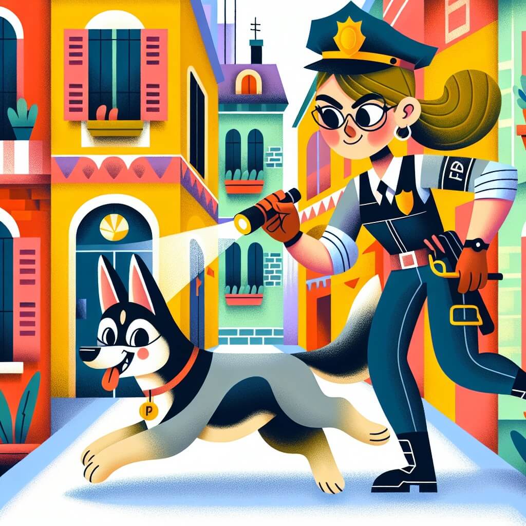 Une illustration destinée aux enfants représentant une femme policier intrépide, accompagnée de son fidèle chien, résolvant des mystères captivants dans les rues colorées d'une ville animée.