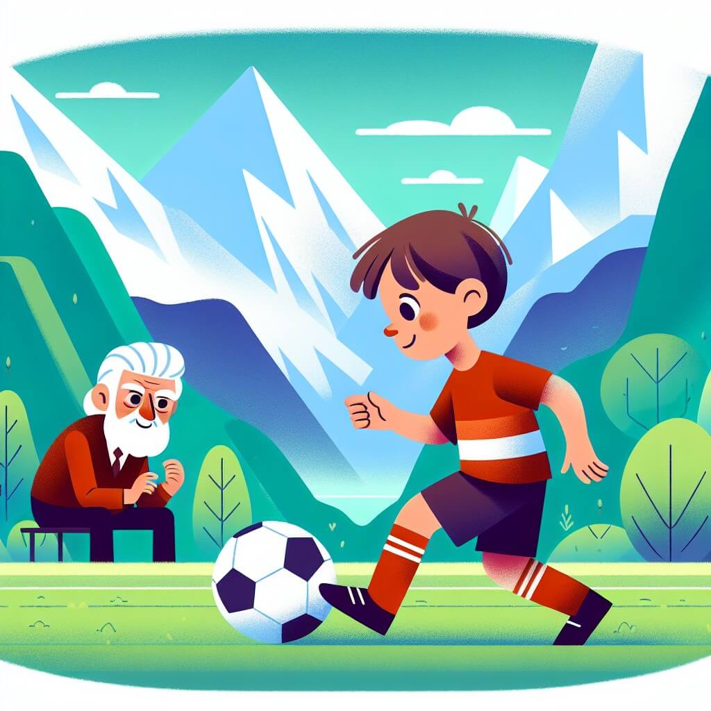 Une illustration destinée aux enfants représentant une jeune femme passionnée de football, qui s'entraîne avec détermination sur un terrain verdoyant entouré de montagnes majestueuses, avec un mystérieux entraîneur qui l'observe attentivement.