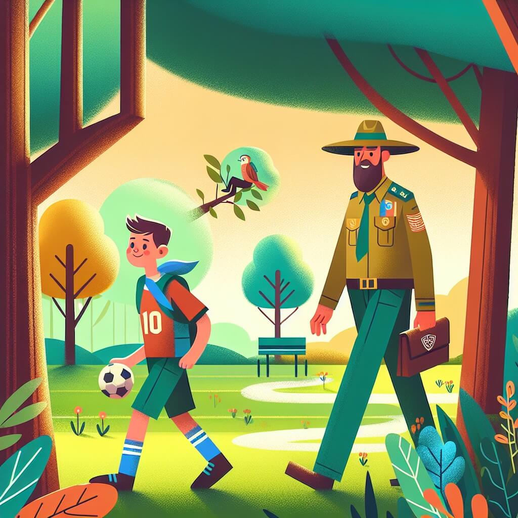 Une illustration destinée aux enfants représentant un jeune homme passionné de football, accompagné d'un mystérieux recruteur, dans un parc verdoyant où les arbres s'inclinent gracieusement sous la brise légère de l'après-midi.