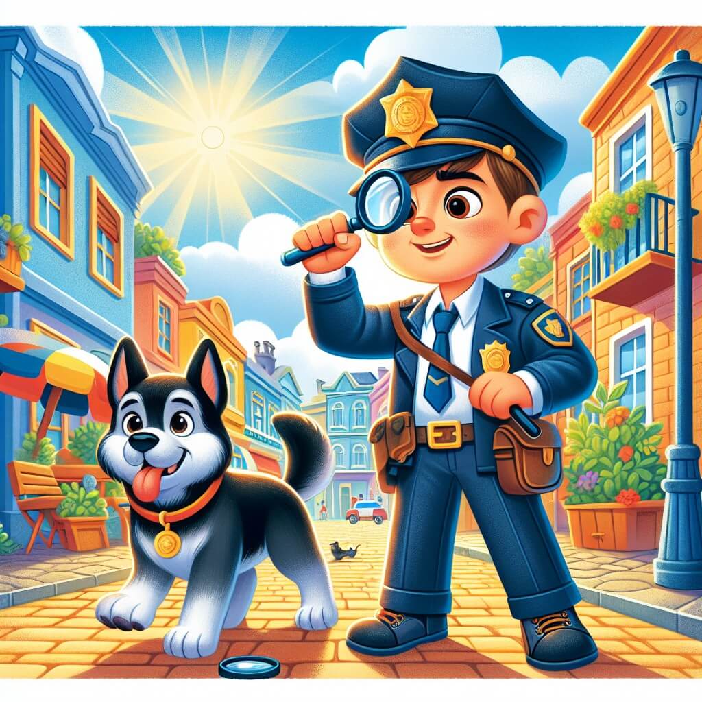 Une illustration destinée aux enfants représentant un policier au grand cœur, accompagné de son fidèle chien policier, résolvant des mystères passionnants dans les ruelles colorées et animées d'une petite ville ensoleillée.