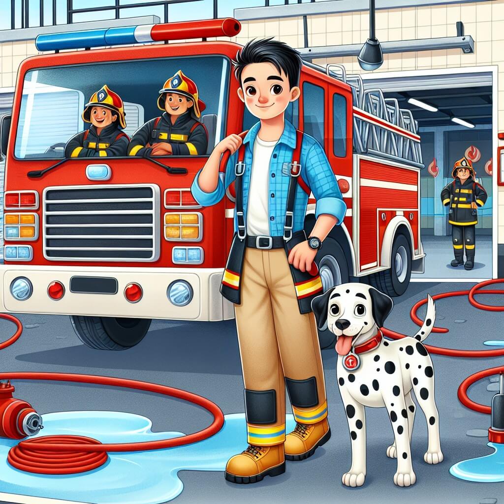 Une illustration destinée aux enfants représentant un jeune homme passionné par les pompiers, se tenant fièrement devant un imposant camion rouge, accompagné de son fidèle chien Dalmatien, dans une caserne de pompiers animée, avec une grande échelle, des tuyaux d'incendie enroulés et une alarme rouge clignotante.