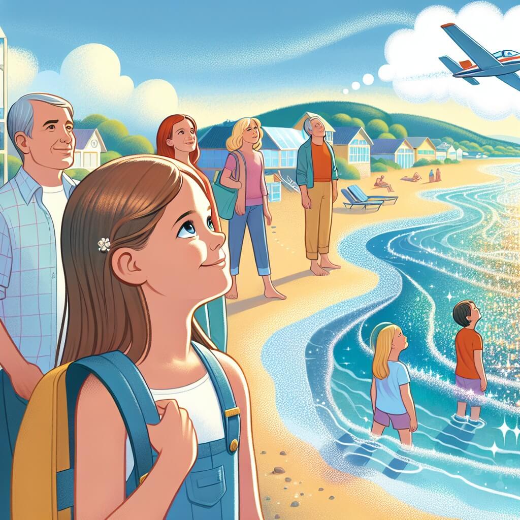 Une illustration destinée aux enfants représentant une jeune femme passionnée par l'aviation, rêvant de voler dans le ciel, accompagnée de sa famille, sur une plage ensoleillée bordée par la mer scintillante dans un petit village côtier.