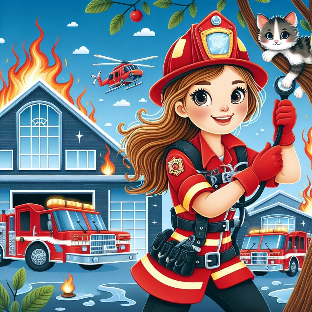Une illustration destinée aux enfants représentant une femme pompier intrépide, en uniforme rouge et casque brillant, qui sauve un chaton coincé dans un arbre, avec en toile de fond une caserne de pompiers imposante entourée de camions rouges étincelants, et des flammes majestueuses dans le ciel bleu.
