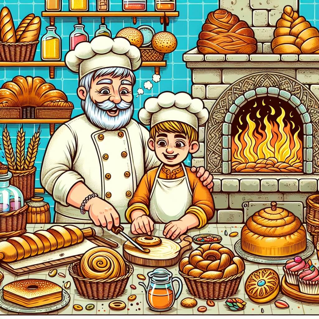 Une illustration destinée aux enfants représentant un boulanger passionné, entouré de délicieux pains et pâtisseries, avec l'aide de son fidèle apprenti, dans une charmante boulangerie remplie de fourneaux brûlants, d'odeurs douces et de couleurs appétissantes.
