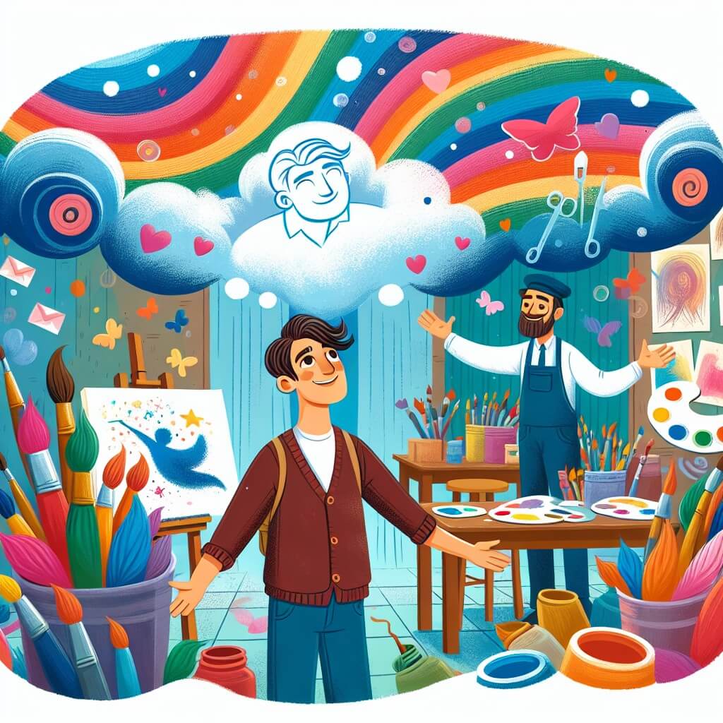 Une illustration destinée aux enfants représentant un homme rêveur, entouré de couleurs éclatantes, découvrant son amour pour l'art, accompagné d'un ami artiste, dans une salle de classe remplie de peintures, pinceaux et créativité débordante.