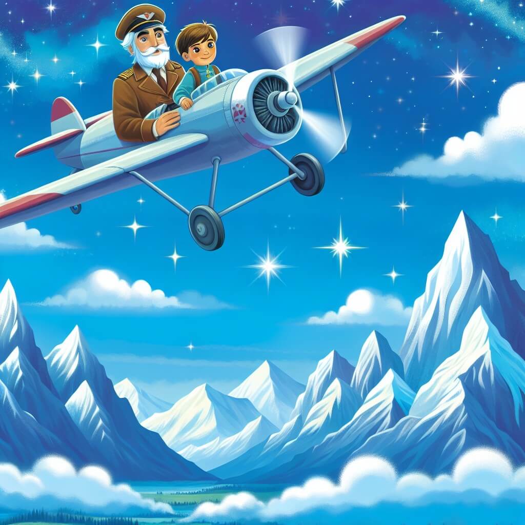 Une illustration destinée aux enfants représentant un courageux pilote d'avion, accompagné d'un jeune garçon timide, survolant de majestueuses montagnes enneigées dans un ciel éclatant de mille nuances de bleu.