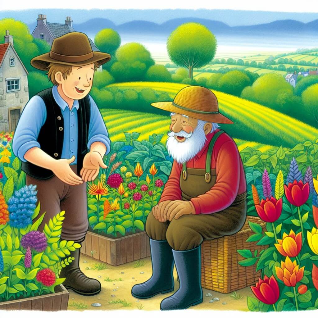 Une illustration destinée aux enfants représentant un homme passionné par l'agriculture, entouré de plantes colorées, qui rencontre un vieux fermier sage dans un petit village pittoresque entouré de vastes champs verdoyants.