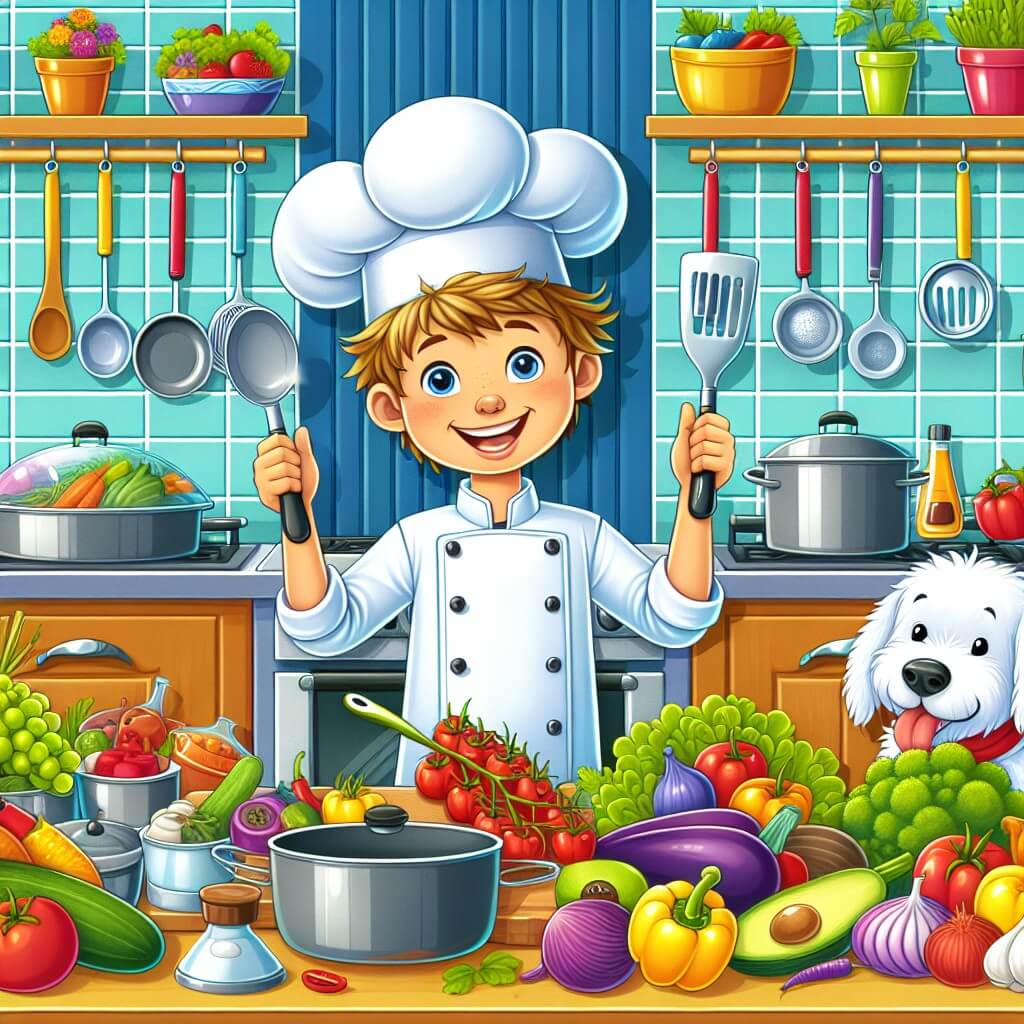 Une illustration destinée aux enfants représentant un jeune chef cuisinier passionné, accompagné de son fidèle chien, dans sa cuisine colorée et animée, remplie d'ustensiles brillants et d'ingrédients frais, prêt à créer des plats délicieux.