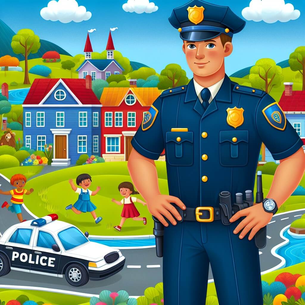 Une illustration destinée aux enfants représentant un courageux policier, vêtu d'un uniforme bleu foncé et d'un brillant chapeau de policier, qui patrouille dans les rues colorées d'un petit village appelé Villa Feliz pour protéger ses habitants des méchants, avec en toile de fond de jolies maisons aux toits rouges, des arbres verdoyants et des enfants qui jouent joyeusement.