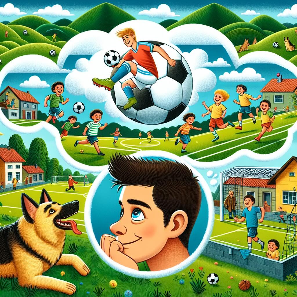 Une illustration destinée aux enfants représentant un jeune homme passionné de football, rêvant de devenir un joueur professionnel, accompagné de son fidèle chien, dans un petit village entouré de verdoyantes collines et d'un terrain de football animé où les enfants jouent avec enthousiasme.