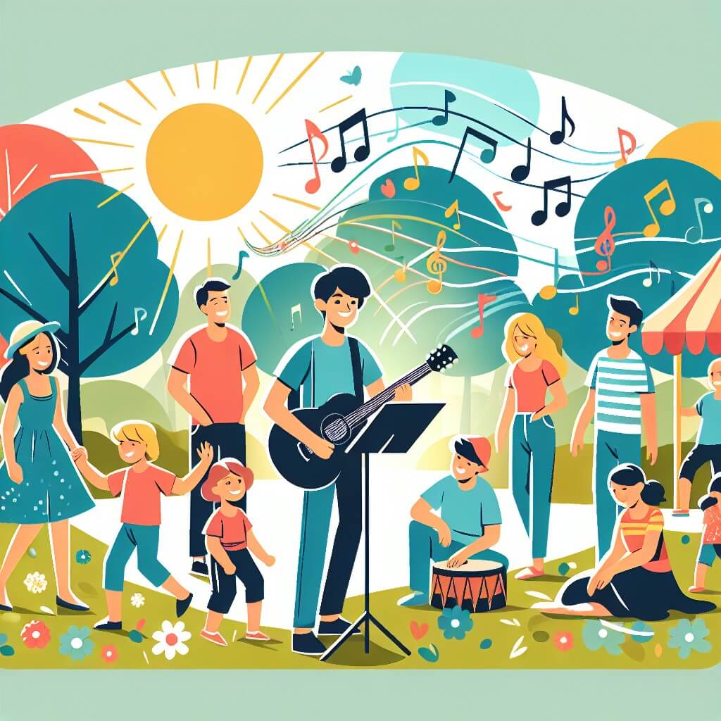 Une illustration destinée aux enfants représentant un jeune homme passionné par la musique, entouré de ses amis et de sa famille, dans un parc ensoleillé et coloré où résonnent des mélodies joyeuses.