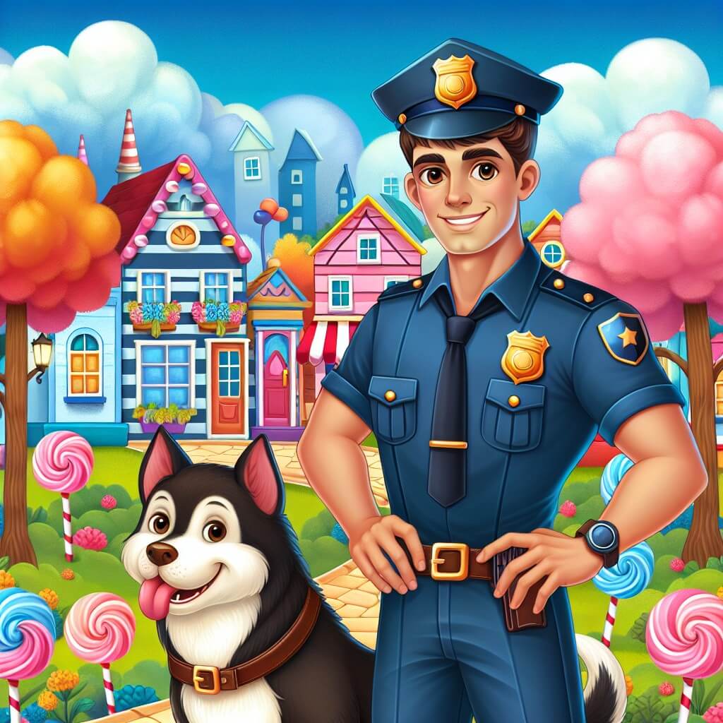 Une illustration destinée aux enfants représentant un homme en uniforme de policier, avec un sourire confiant, résolvant des énigmes avec son fidèle chien policier, dans une petite ville colorée avec des maisons en forme de bonbons et des arbres aux feuilles en sucre filé.