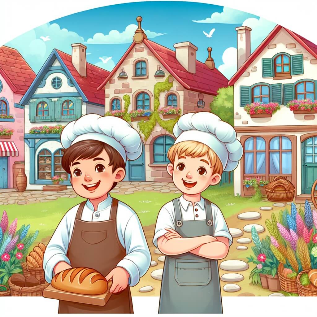 Une illustration destinée aux enfants représentant un boulanger passionné et souriant, accompagné d'un jeune apprenti, dans une charmante boulangerie en plein cœur d'un village pittoresque, entouré de maisons colorées et de jardins fleuris.