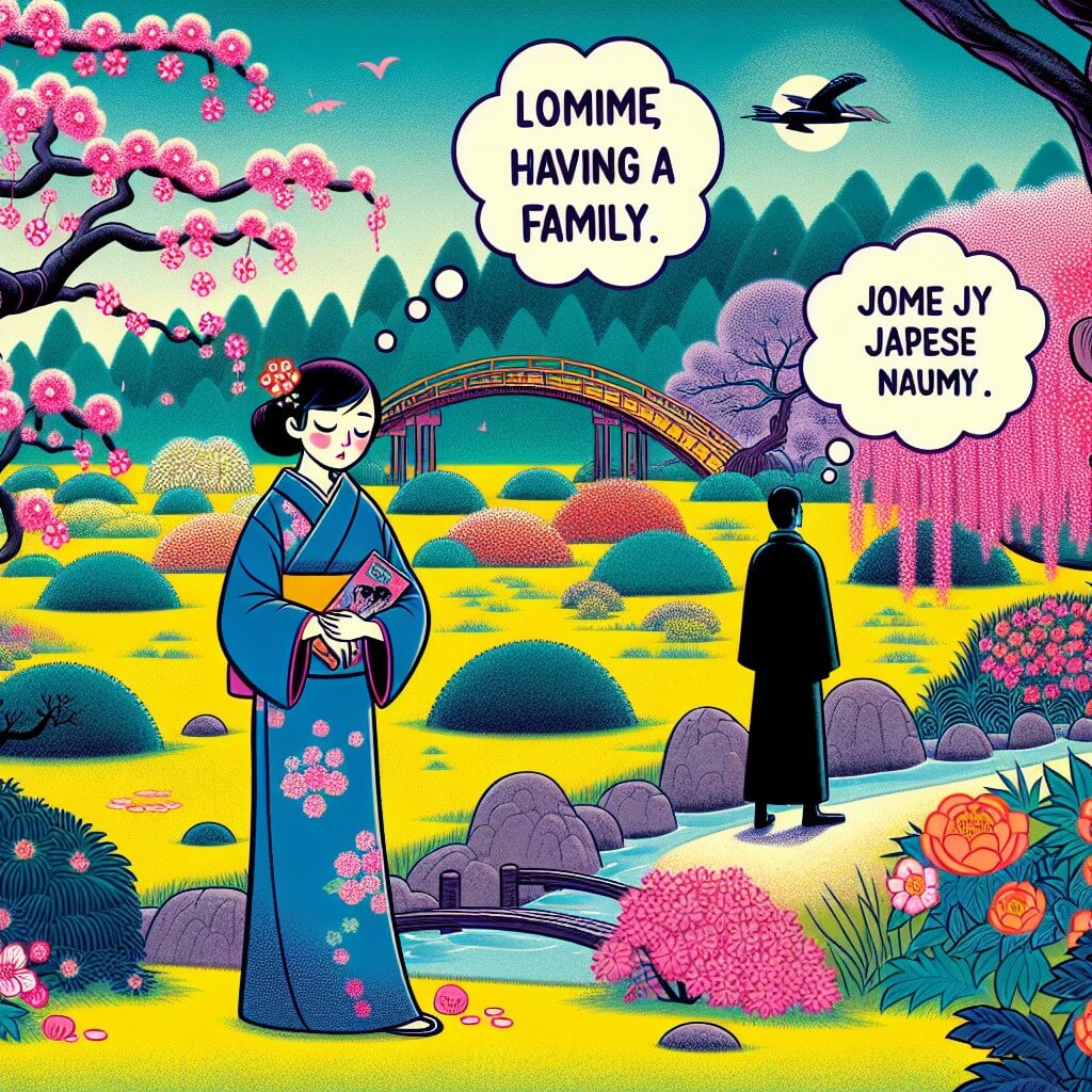 Une illustration destinée aux enfants représentant une femme solitaire, rêvant d'une famille, accompagnée d'un mystérieux homme dans un magnifique jardin japonais rempli de fleurs colorées et bercé par le chant des oiseaux.