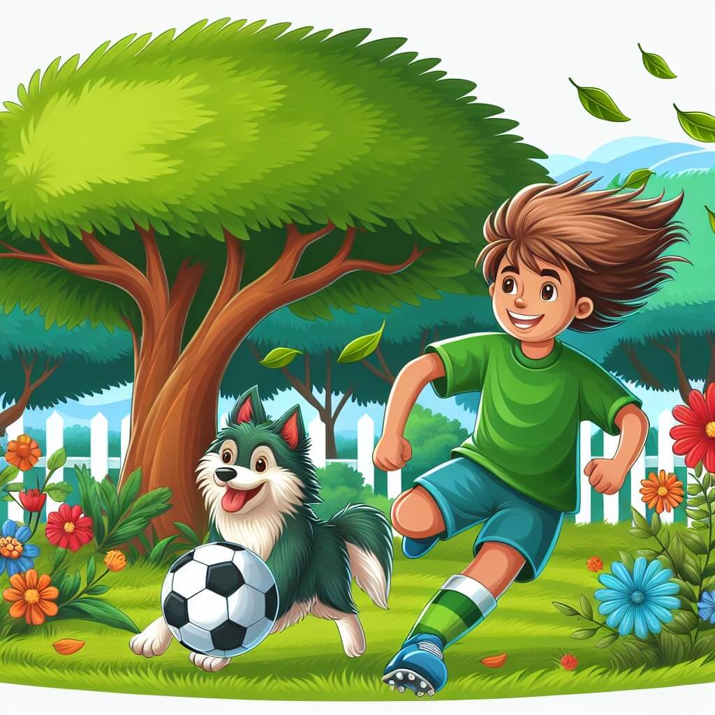 Une illustration destinée aux enfants représentant un jeune joueur de football passionné, accompagné de son fidèle chien, dans un parc verdoyant où les arbres dansent joyeusement avec le vent et les fleurs éclatent de couleurs vives.